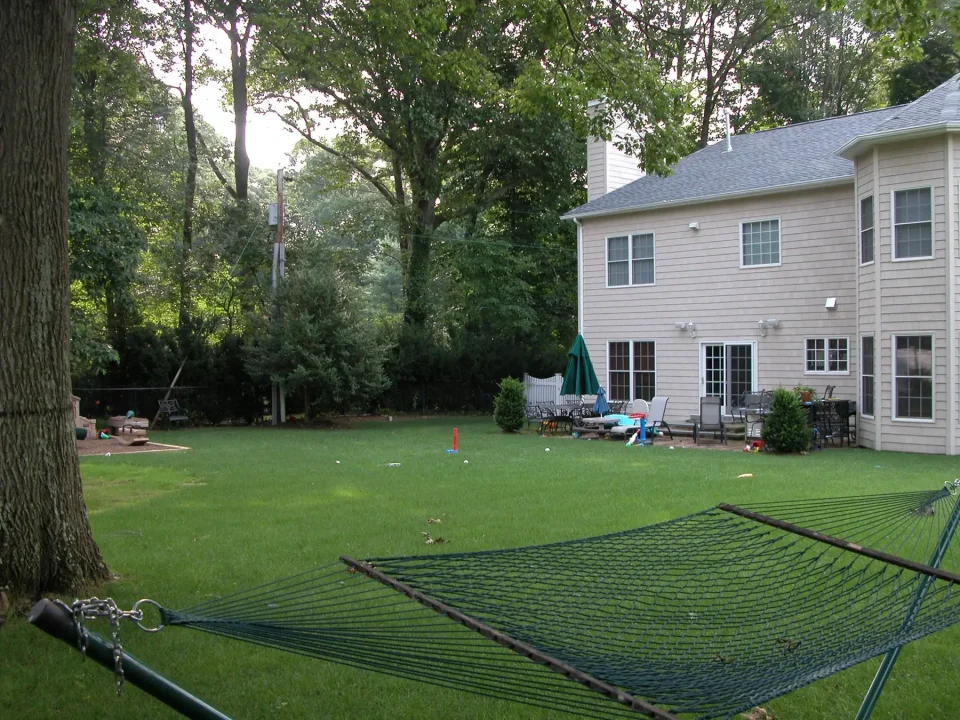 Suburban backyard with hammock, house, and children's playset among greenery.