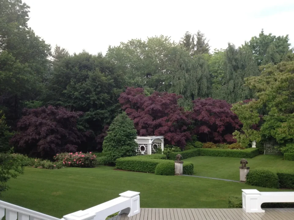 Lush garden with purple foliage, gazebo, and manicured lawn viewed from a deck.