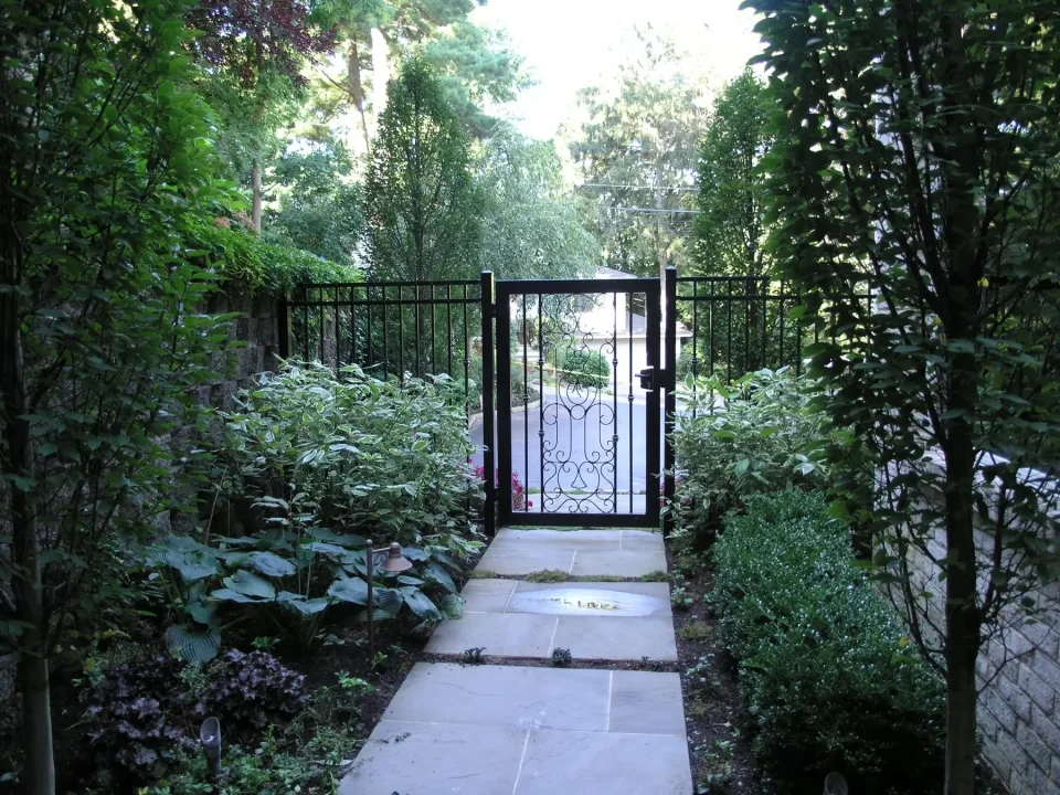 Pathway leading to a black gate with surrounding green foliage.