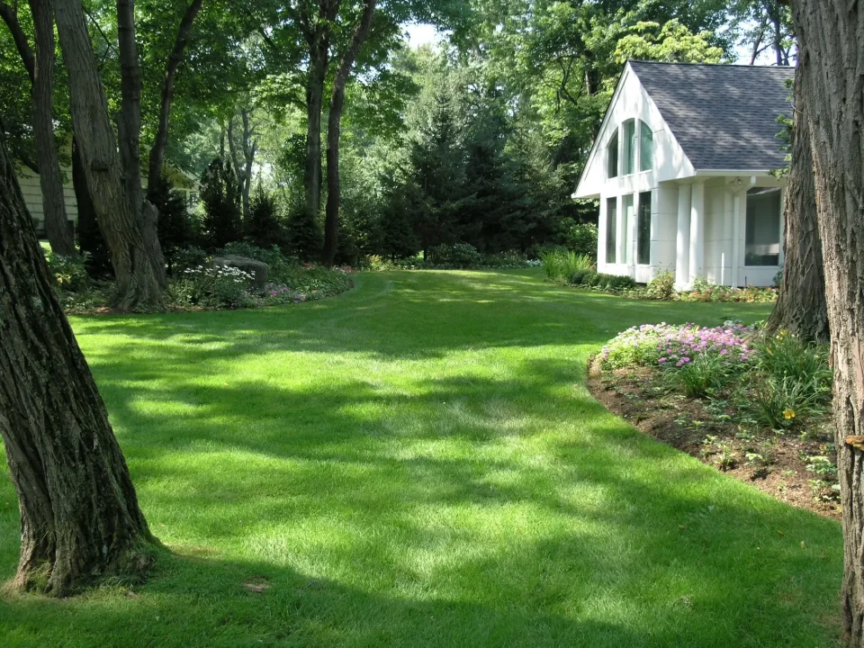 beautifully landscaped backyard with white house