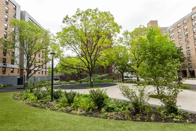 Urban park with green trees and landscaped path surrounded by apartment buildings.